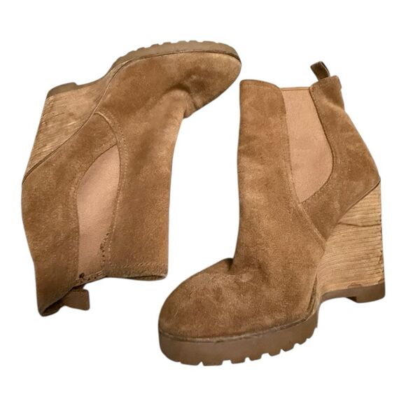Michael Kors Thea Caramel Camel Tan Wedge Suede Bootie Boots Size 8 - Picture 3 of 11